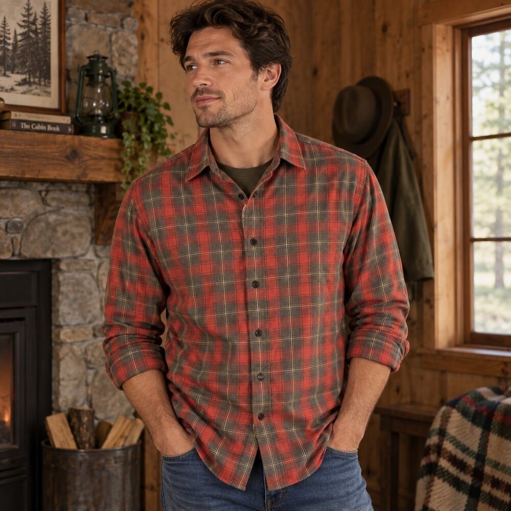 Banana Republic Luxe Flannel Shirt Sz S Rust Orange Gray Plaid 100% Cotton Soft